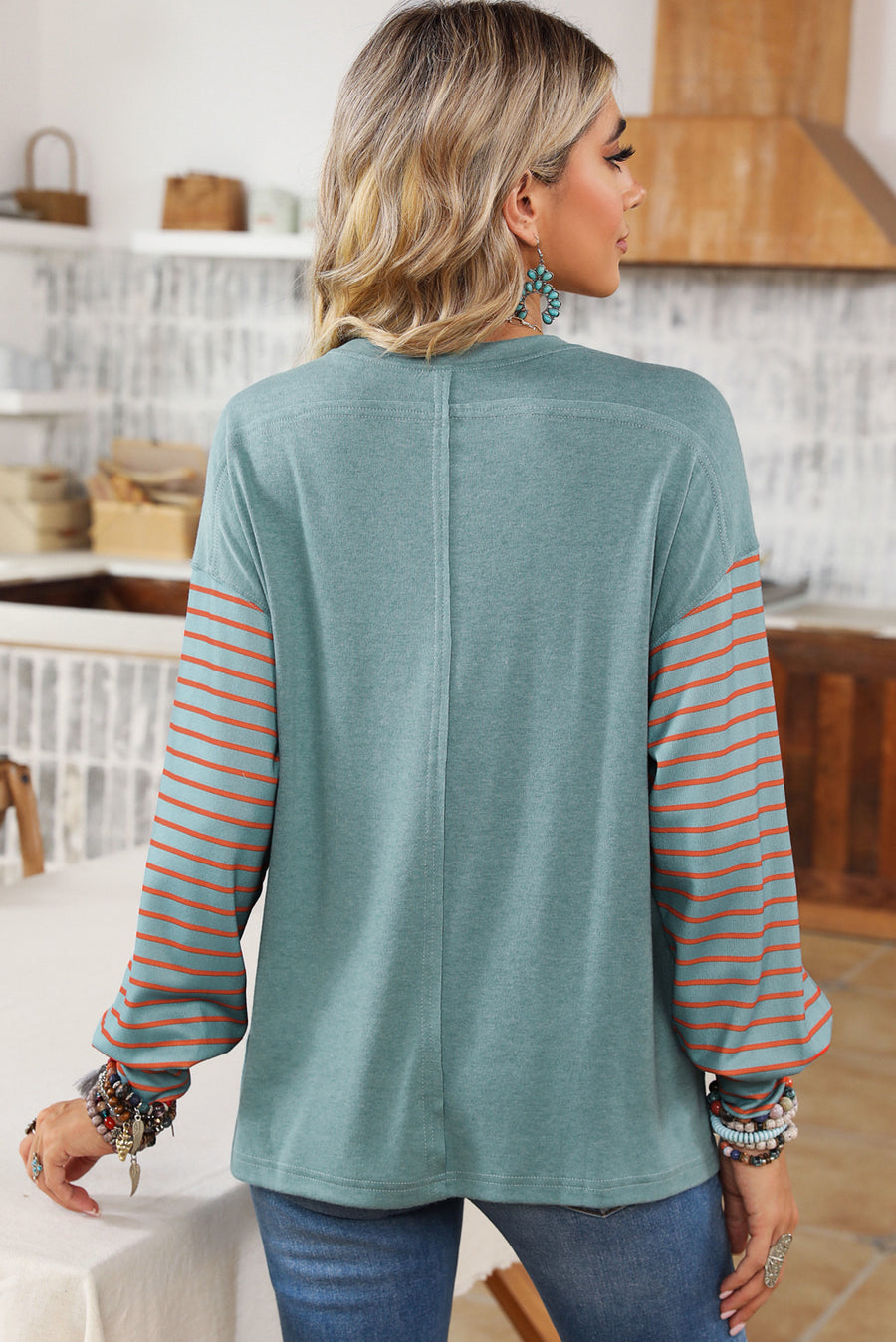 Duck Egg and Rust Color Block Striped Long Bishop Sleeve Side Slit T-Shirt