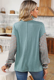 Duck Egg and Rust Color Block Striped Long Bishop Sleeve Side Slit T-Shirt