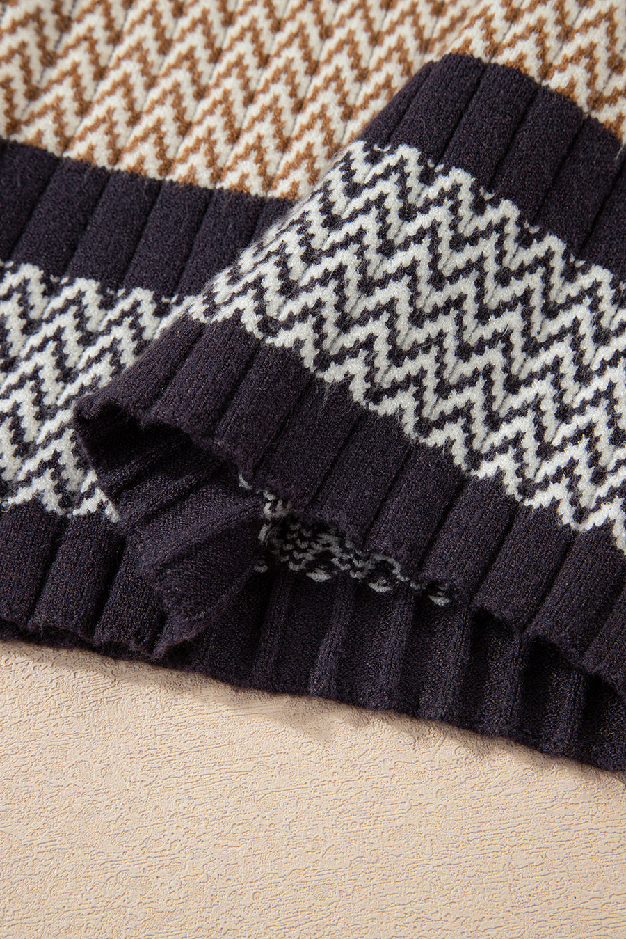 Brown Multi Striped Chevron Pattern Knit Ribbed Trim Slim Fit Sweater