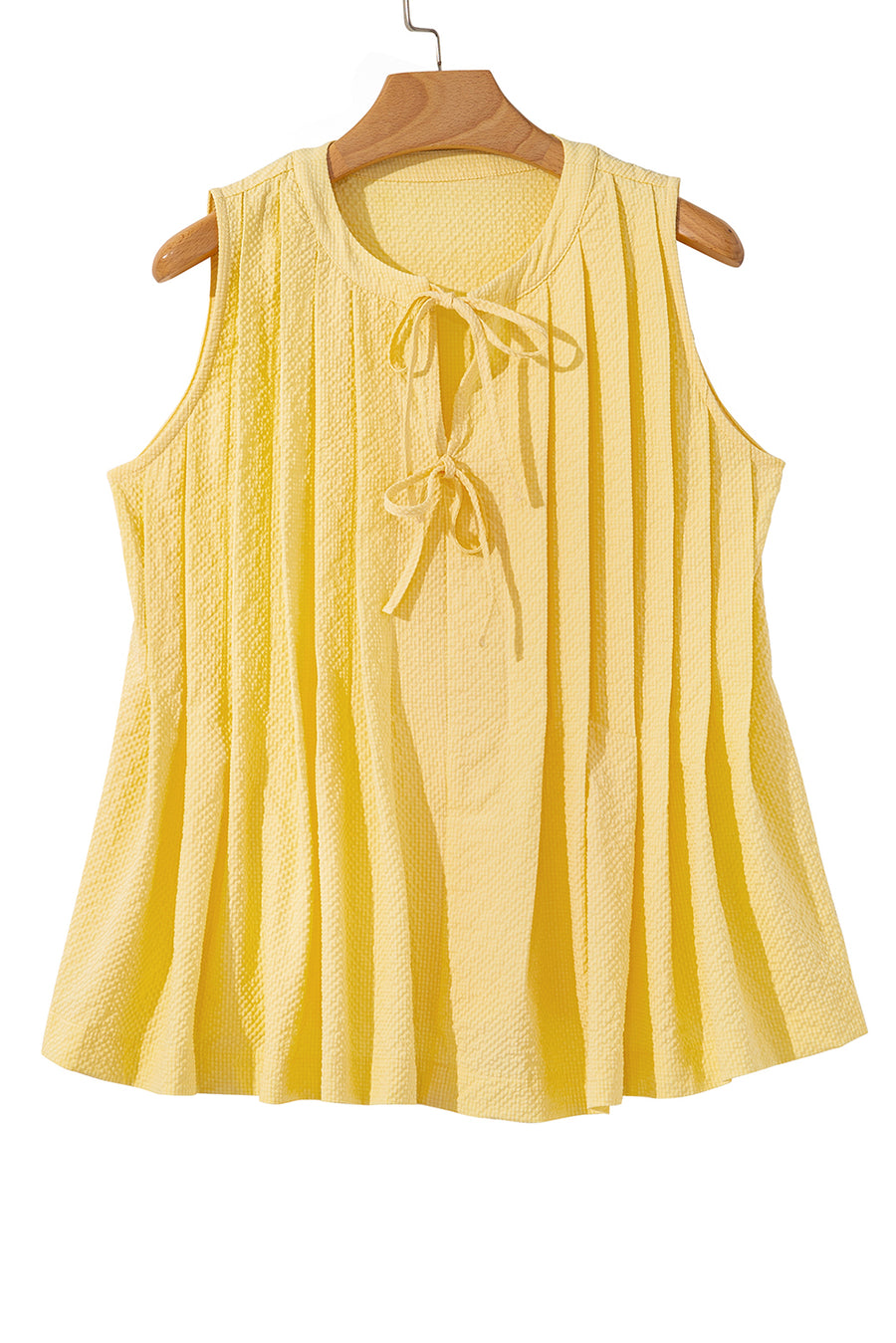 Butter Yellow Waffle Textured Tie Front Notched Neck Pleated Sleeveless Blouse
