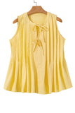 Butter Yellow Waffle Textured Tie Front Notched Neck Pleated Sleeveless Blouse