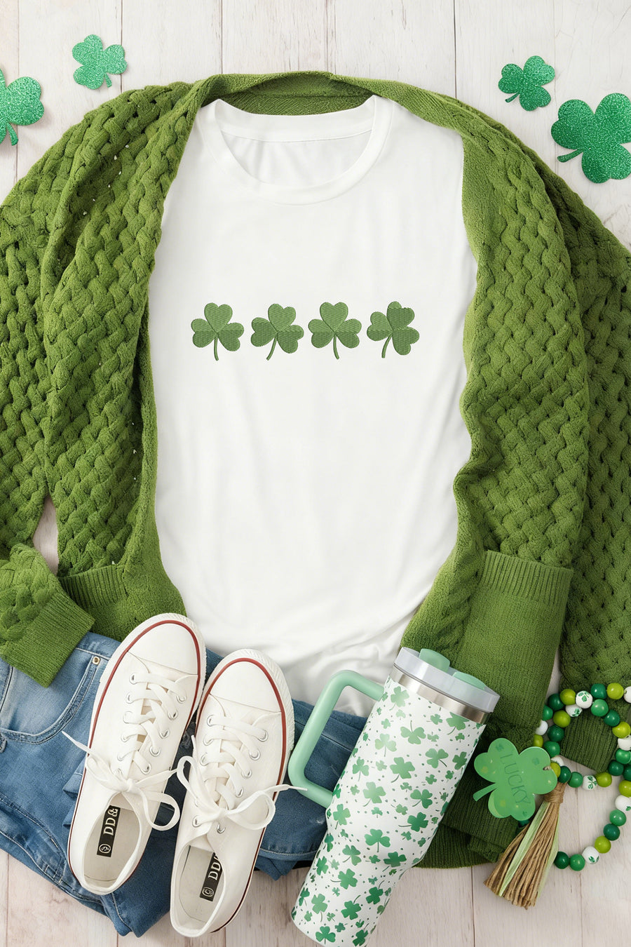 White Embroidered Clovers Graphic T-Shirt