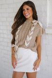 Taupe Satin Ribbon Lace-Up Short Sleeve Cable Knit Sweater