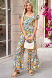 Yellow Floral Print Shirred Cut-Out High-Waist Jumpsuit
