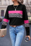 Leopard Print Color Block Patchwork Crew Neck Long Sleeve Top