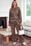 Leopard Print & Embroidered Bow Long Sleeve Top and Pants Set