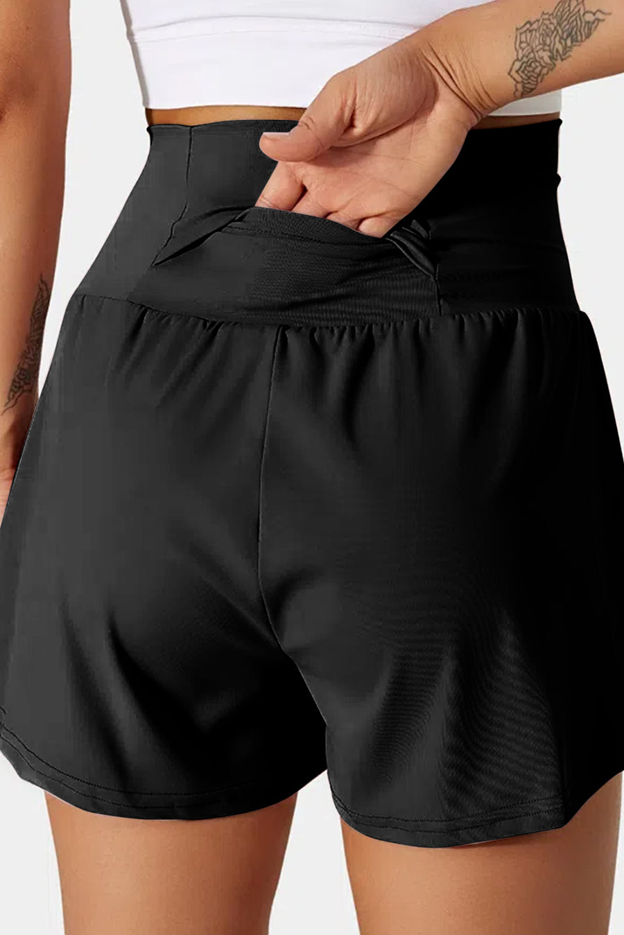 Black High-Waist Wide Band Back Pocket Swim Shorts