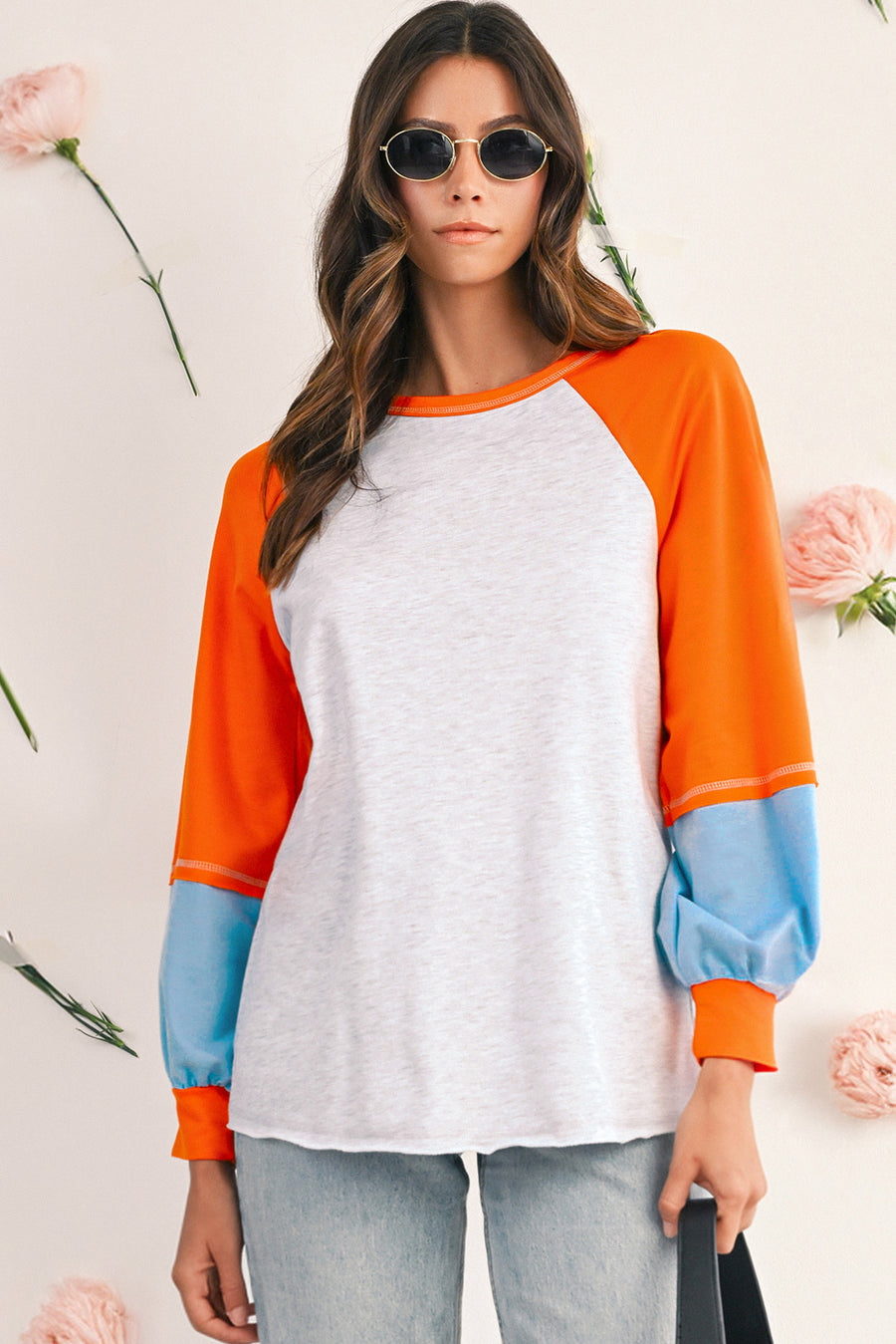 Light Grey Colorblock Raglan Sleeve Loose Fit Top