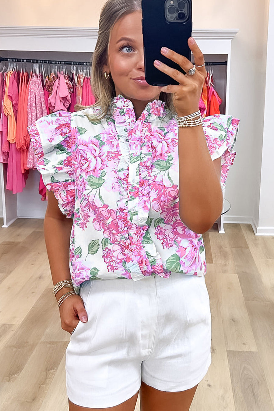 Floral Ruffle Sleeve Frilly Button-Up Blouse- 2 Colors