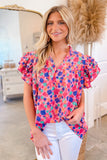 Rose Red Abstract Print Ruffle Sleeve V Neck Blouse