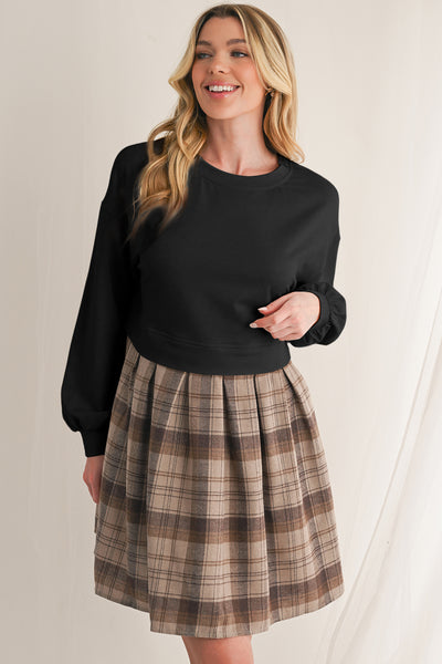 Beige Plaid Patchwork High Waist Sweatshirt Mini Dress