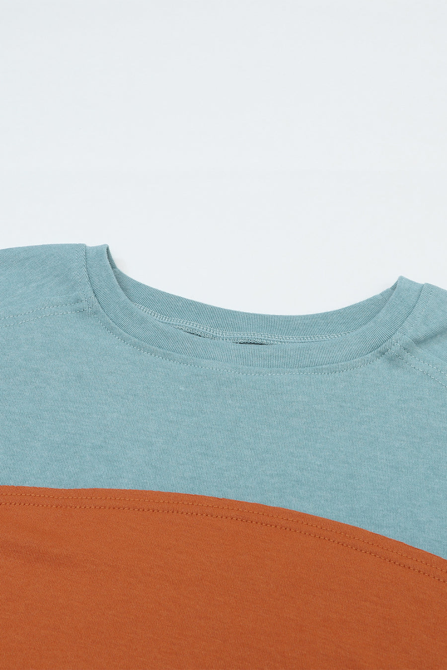 Duck Egg and Rust Color Block Striped Long Bishop Sleeve Side Slit T-Shirt