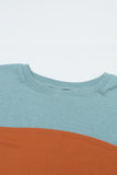 Duck Egg and Rust Color Block Striped Long Bishop Sleeve Side Slit T-Shirt