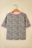 Leopard Print V-Neck Contrast Varsity Stripe Short Sleeve T-Shirt
