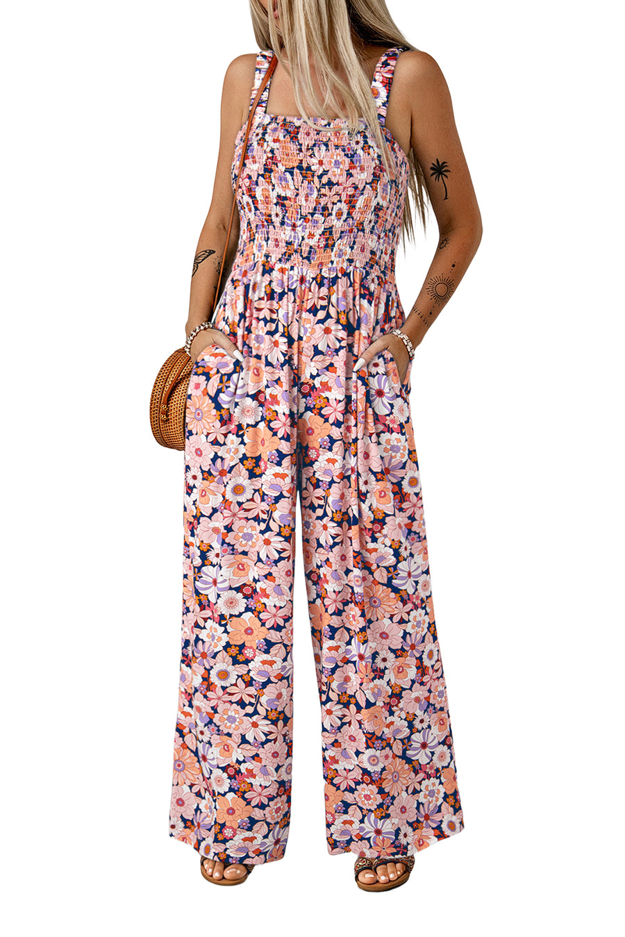 Floral Square Neck Stretch High-Waist Jumpsuit- 3 Colors