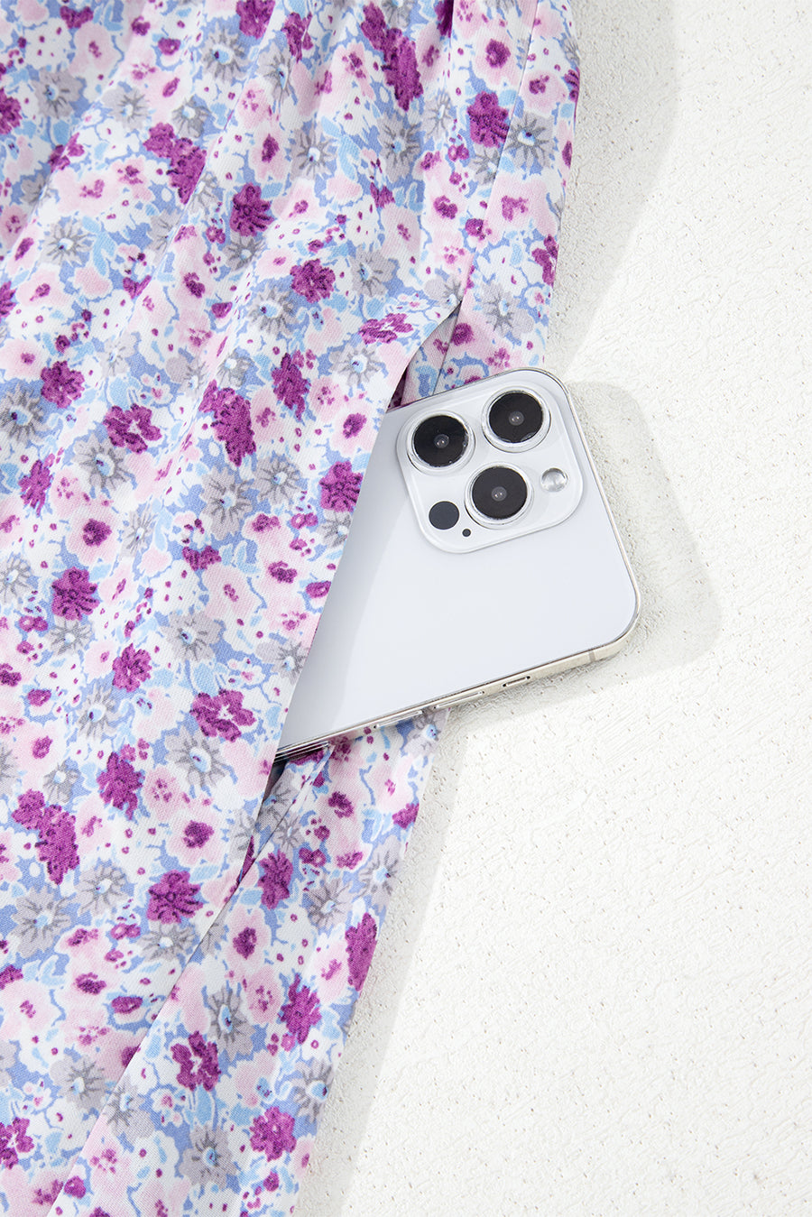 Purple Floral Short Bubble Sleeve Smocked High Waist Maxi Dress