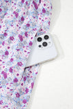 Purple Floral Short Bubble Sleeve Smocked High Waist Maxi Dress