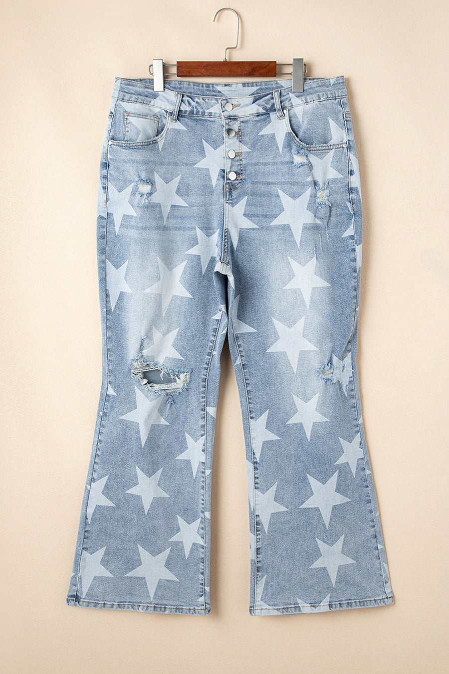 Plus Size Star Print Button Fly Slit Knee Destroyed Jeans