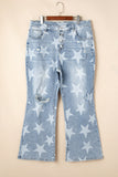 Plus Size Star Print Button Fly Slit Knee Destroyed Jeans