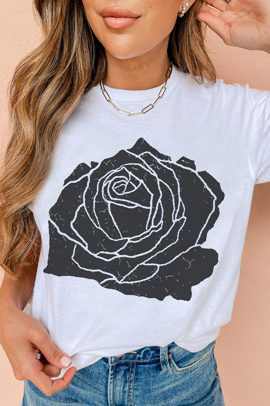 White with Black Rose Graphic Crew Neck T-Shirt