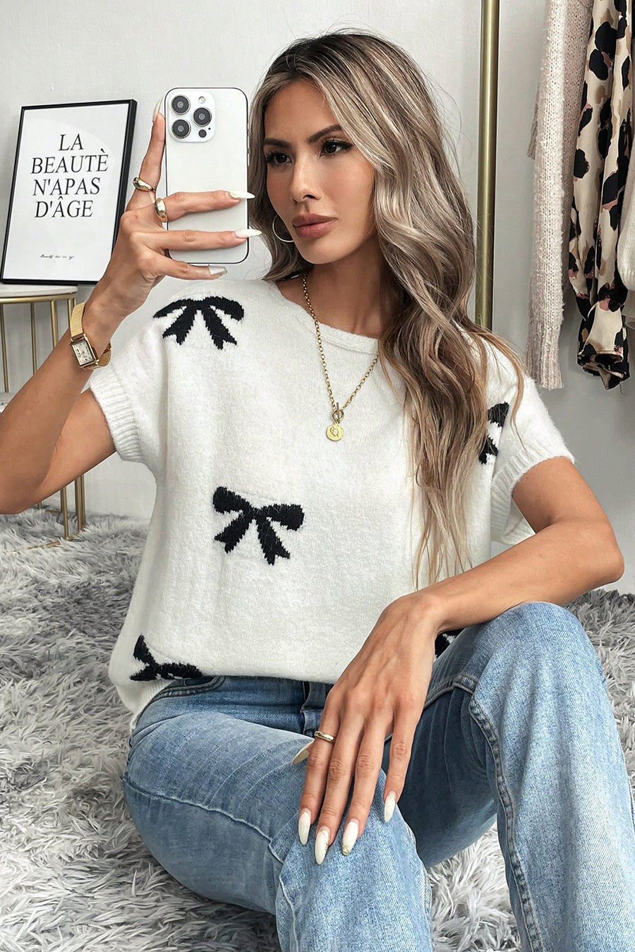 Black Bow Pattern Short Sleeve Knit Sweater