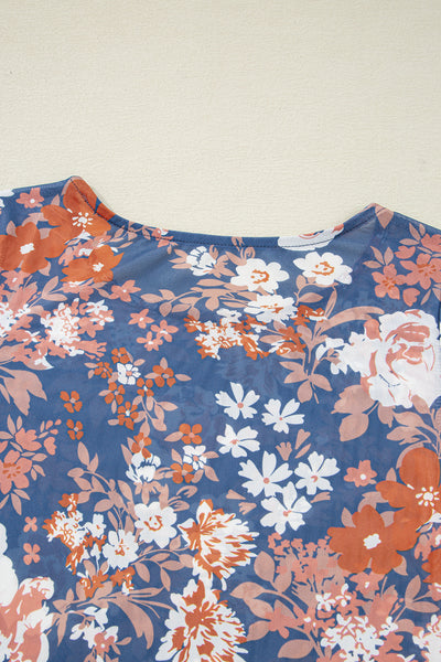 Orchid Petal Allover Floral Print Mesh Long Sleeve Top