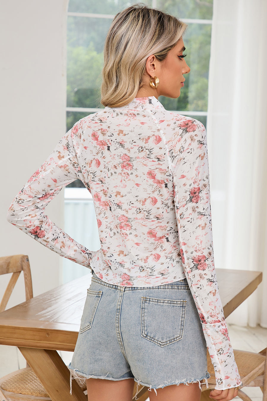 Floral Mock Neck Long Sleeve Mesh Blouse- 2 Colors