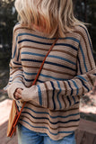 Tan Multi Openwork Striped Knit Drop Shoulder Crew Neck Sweater