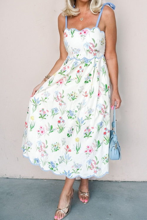 Floral Contrast Trim Tie Strap Midi Dress A