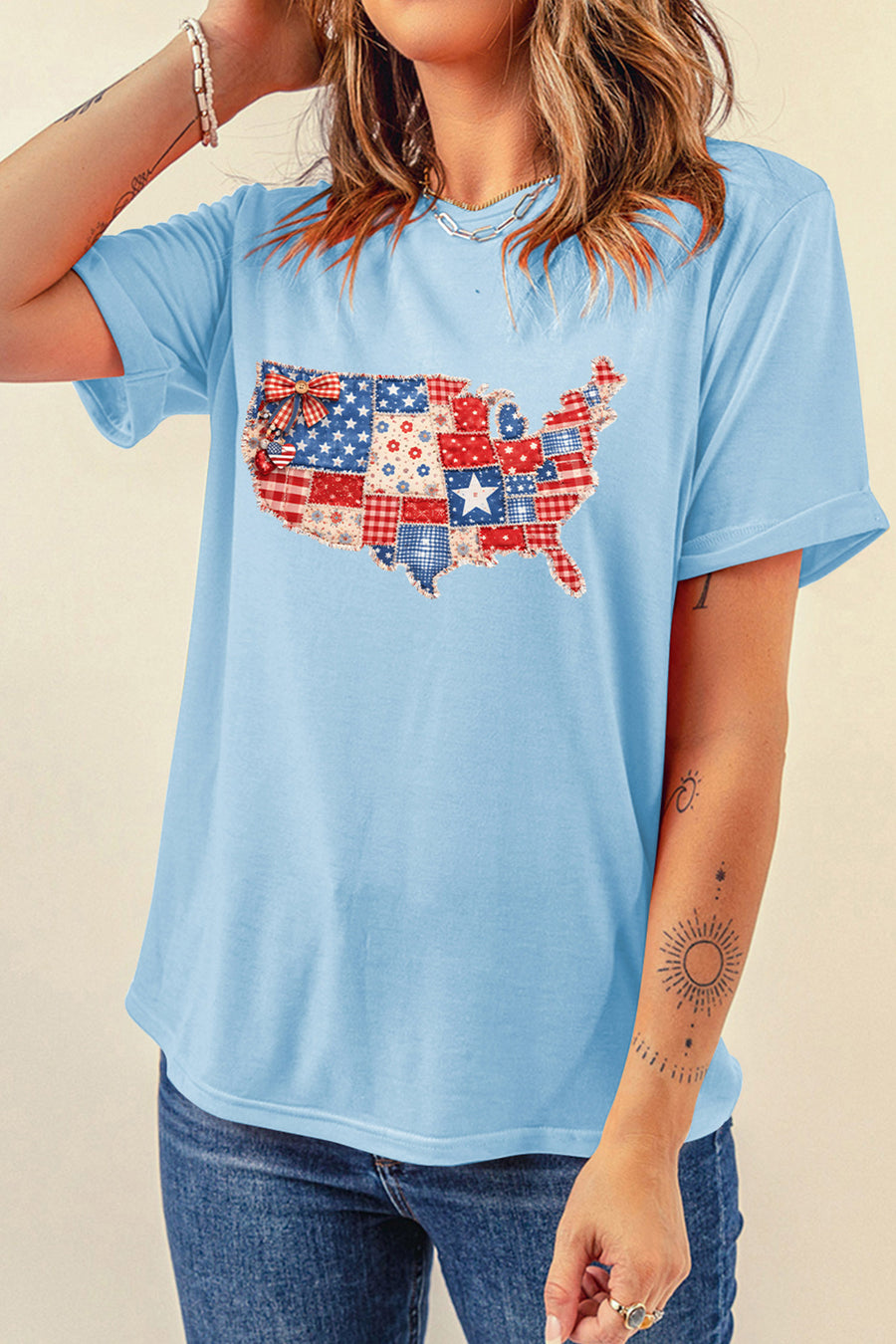 Light Blue Faux Patchwork USA Map Graphic Tee