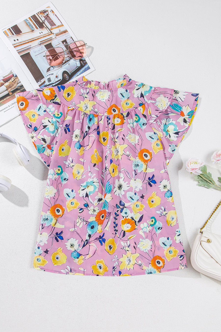 Pink Flutter Sleeve Frill V Neck Floral Top