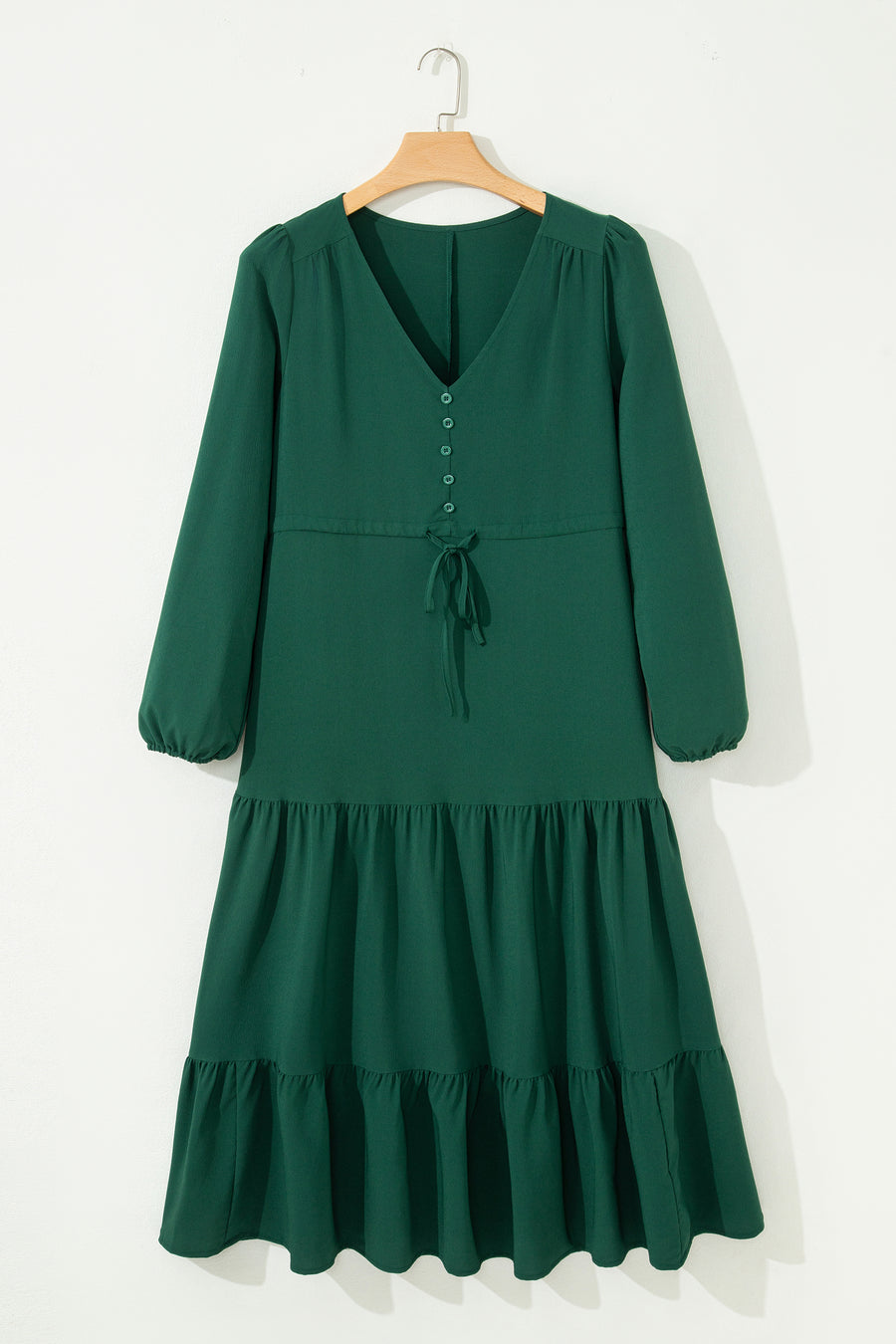 Solid Long Sleeve Button V-Neck Tiered Maxi Dress- 2 Colors