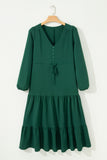 Solid Long Sleeve Button V-Neck Tiered Maxi Dress- 2 Colors