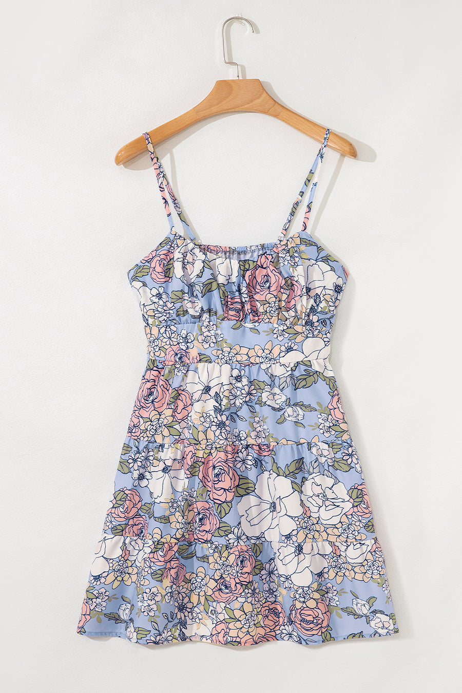 Sky Blue Floral Tiered Patchwork Spaghetti Strap Mini Dress