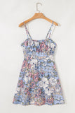 Sky Blue Floral Tiered Patchwork Spaghetti Strap Mini Dress