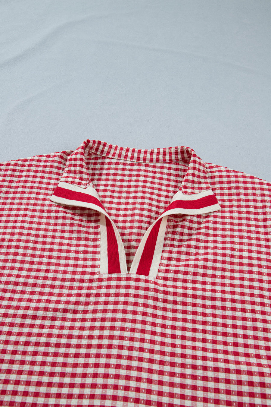 Gingham Short Sleeve Color Block Trim Split Neck Blouse- 2 Colors