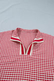 Gingham Short Sleeve Color Block Trim Split Neck Blouse- 2 Colors
