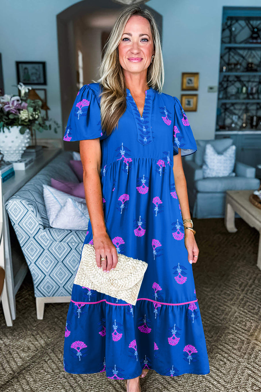 Blue Floral Print Notched Neck Flounce Sleeve Maxi Dress with Pockets- 2 Colors