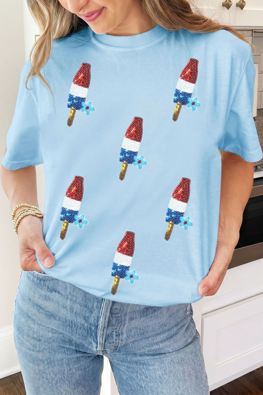 Light Blue American Sequin Popsicle and Flowers Graphic T-Shirt