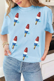 Light Blue American Sequin Popsicle and Flowers Graphic T-Shirt