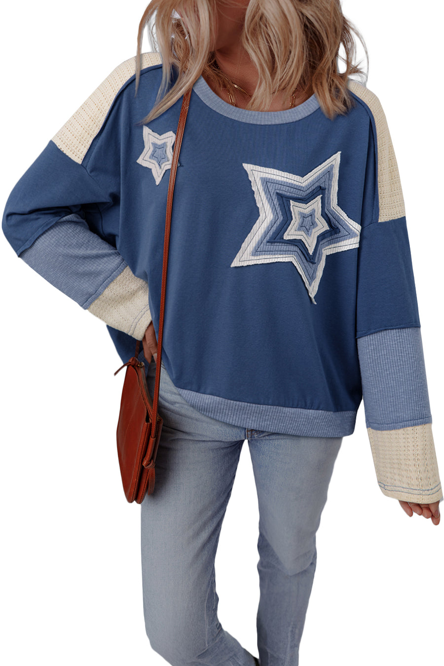 Blue & Cream Knit Color Block Patchwork Star Patch Sweatshirt