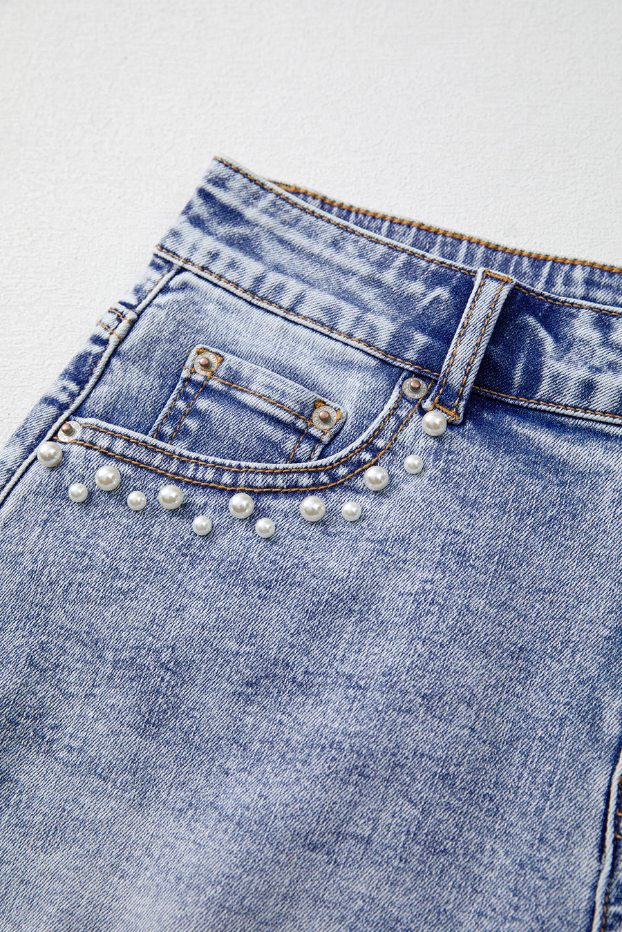 Acid Washed Pearl Studded Pocket Raw Hem Denim Shorts