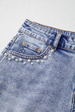 Acid Washed Pearl Studded Pocket Raw Hem Denim Shorts