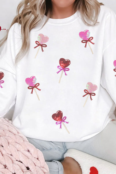 White Sequin Bow Heart Lollipop Drop Shoulder Crew Neck Sweatshirt