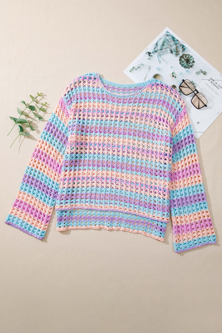 Openwork Side Slit Crew Neck Striped Cover-Up B- 2 Colors