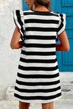 Black and White Striped Flutter Sleeve Crew Neck Shift Mini Dress with Pockets
