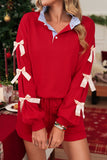 Red Striped Collar Bow Sleeve Sweatshirt and Shorts Set