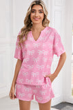 Pink Waffle Knit Bow Print Notched T-Shirt And Shorts Set