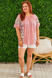 Pink Plus Size Floral Patchwork Ruffle Short Sleeve Blouse