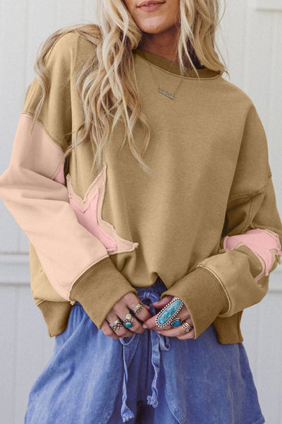 Rose Pink Star Patchwork Exposed Seam Uneven Hem Sweatshirt